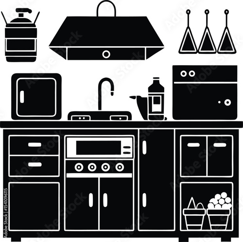 "Modern Kitchen Interior Silhouette Featuring Sink, Stove, Cabinets, Utensils, Range Hood, and Storage Elements in Bold Black Icon Style"