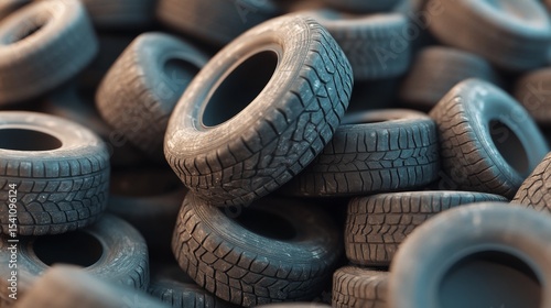 Stacked Dark Car Tires in Minimalist Setting, showcasing textured treads and sidewalls, contrasting dark tones with well-lit backdrop.