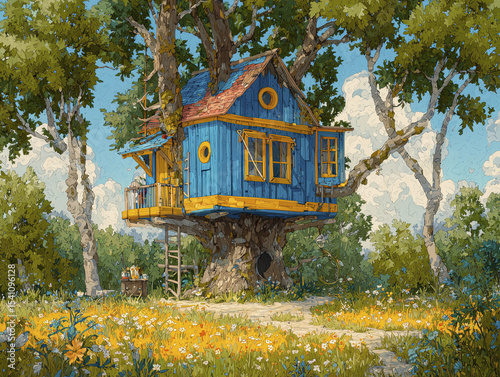 Colorful treehouse stands high vibrant landscape evoking childhood imagination and fantasy adventure. This rustic whimsical escape suggests happy joyful dreams and outdoor playground fun