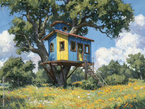 Blue and yellow children treehouse nestled high in large oak tree surrounded by peaceful field of wildflowers, suggesting nostalgic summer adventures and childhood wonder on bright sunny day