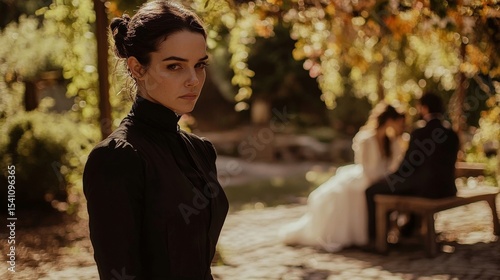Tense Observer at an Outdoor Wedding Ceremony with Intimate Moments Amidst Floral Canopy and Cobblestone Path