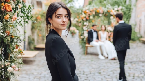 Tense Observer at Outdoor Wedding, dark-haired woman in black attire watches bride and groom, young couple enjoys intimacy under floral canopy.