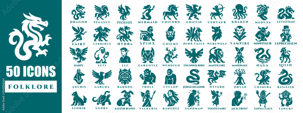 Obraz premium 50 Flat Color Icons of Mythical Beasts from World Folklore With Names