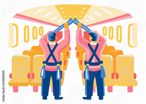 Airplane interior cleaning, illustrated in warm colors, for travel websites