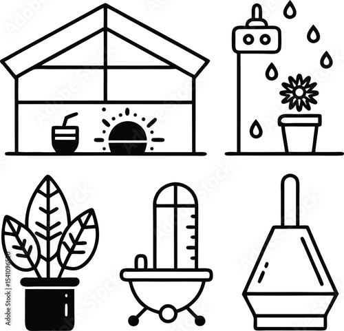 "Greenhouse and Plant Care Icon Set Featuring Indoor Gardening, Irrigation System, Humidity Tools, and Potted Plants in Minimal Line Art Style"