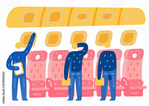 Passengers on airplane, looking for something, during flight, colorful illustration