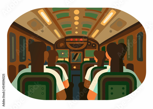 Passengers seated inside a bus, illustrated in muted tones, for transportation brochures