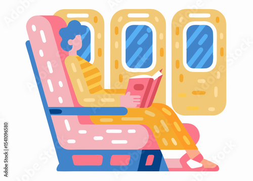 Woman reading book on airplane, for travel blogs