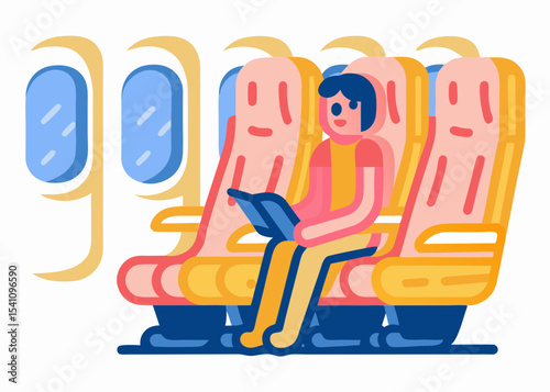 Person reading on airplane, during flight, travel illustration