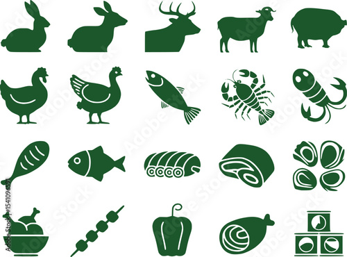A Collection of Green Food Silhouettes Representing Various Animal Meats and Seafood Alongside Other Food Items