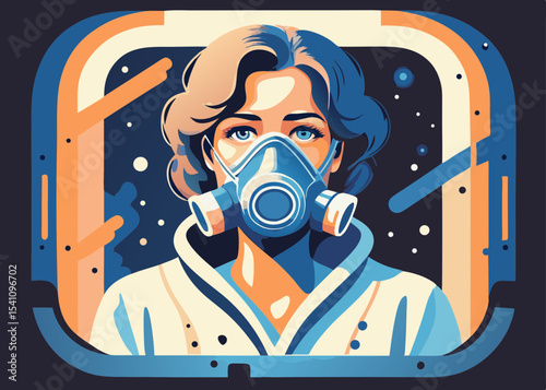 Woman in respirator, futuristic style, blue tones, for safety awareness campaigns
