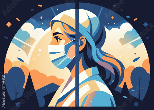 Healthcare worker profile, in blue and orange tones, illustrating hope and resilience, for medical websites