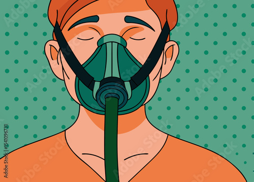 Person wearing oxygen mask, illustrated style, green and orange tones, for medical or health publications