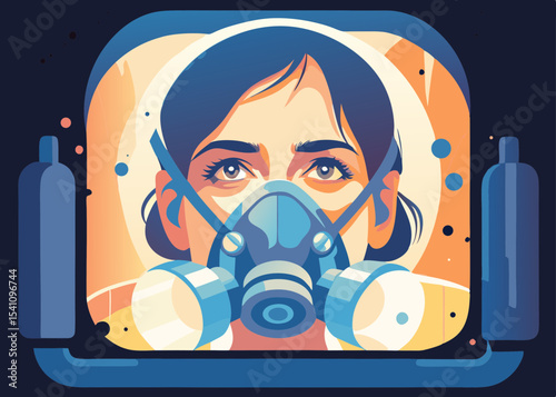 Woman wearing respirator, futuristic style, warm colors, for safety awareness campaigns