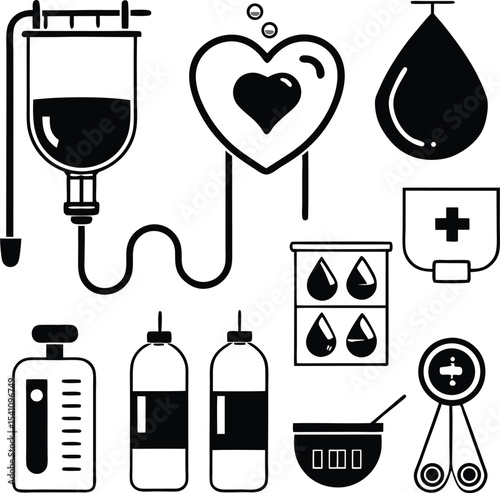 "Medical and Blood Donation Icon Set Featuring IV Bags, Blood Drops, Heart Monitor, Syringe, and Health Symbols in Bold Silhouette Style"