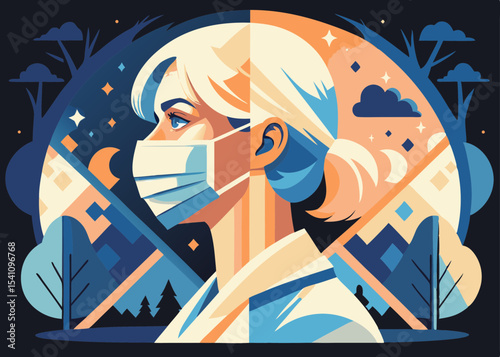 Woman in face mask, profile view, day and night, contrasting colors, for health awareness campaigns