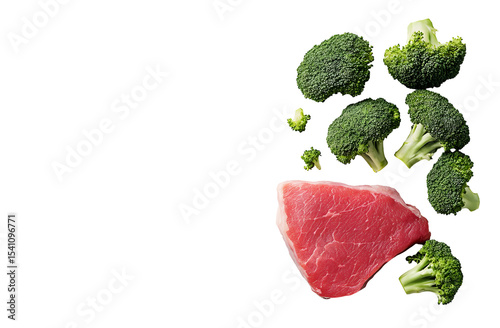 Fresh raw beef steak with broccoli florets on a black background close up