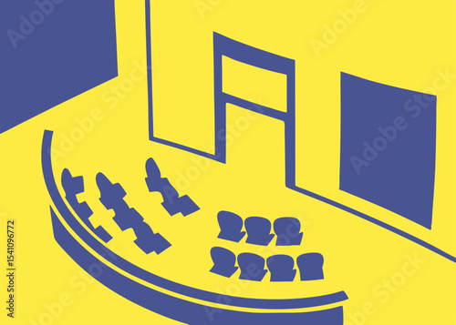 Auditorium layout, yellow and blue, for presentations and events