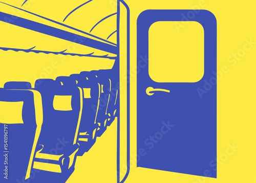 Airplane interior, blue and yellow, for travel brochures