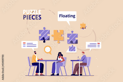 Teamwork and Problem Solving Diverse Team Collaborating with Floating Puzzle Pieces Brainstorming Solutions for Business Success and Innovation Flat Vector