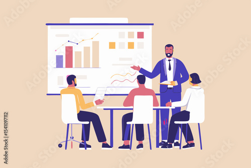 Business Presentation with Charts and Graphs Team Meeting Financial Analysis Data Review Strategy Discussion Corporate Collaboration Vector Illustration