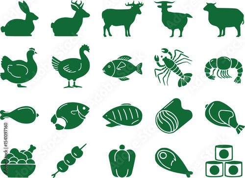 Assortment of Green Food Silhouettes Representing Various Animal Products and Vegetables A Simple Visual Guide for Healthy Eating