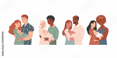 Diverse Families with Newborn Babies A Celebration of Love Parenthood and Cultural Diversity in Modern Family Structures and Relationships Illustration