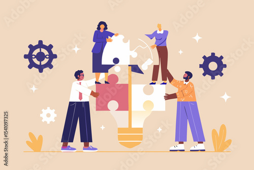 Teamwork and innovation concept with people assembling a lightbulb puzzle representing collaboration and problem solving for creative solutions in business