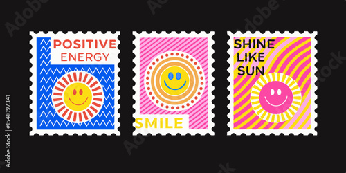 Three colorful postage stamps with positive messages and smiling suns on a black background for a cheerful and uplifting design