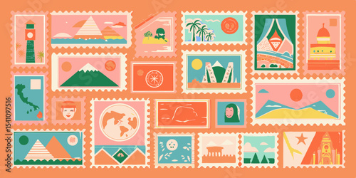 Collection of Illustrated Travel Stamps Featuring Landmarks and Cultural Symbols in a Retro Style Nostalgic Travel Concept