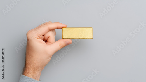 Gold bar held by hand with detailed texture and polished surface on gray background