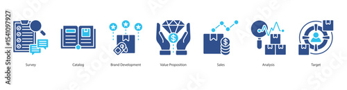 Brand Development banner web icon set vector illustration concept with icon of survey, catalog, brand development, value proposition, sales, analysis, target