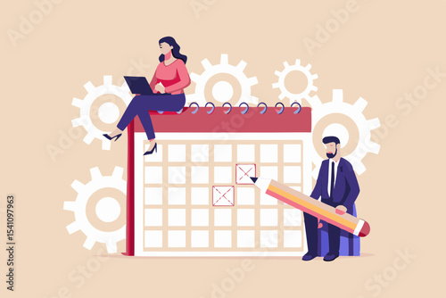 Business people planning and scheduling with calendar and gears teamwork and project management illustration vector design for presentations
