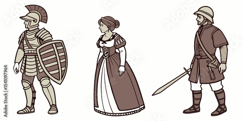 Renaissance era clothing and armor illustration for historical fashion design and costume reference guide vector design