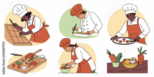 Chefs preparing food professional kitchen culinary arts cooking skills restaurant staff food preparation vector design
