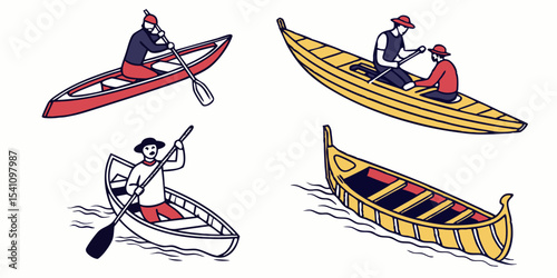 Explore kayaking and canoeing adventures with colorful boats and people enjoying water sports activities in nature vector design