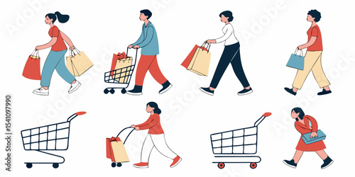 Illustration of people shopping with carts and bags for retail therapy and consumerism concept vector design