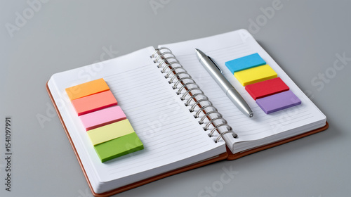 Learning supplies featuring notebook with pen and vibrant organizational tabs