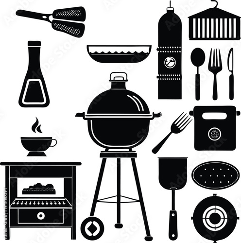 "Barbecue and Kitchen Equipment Icon Set Featuring Grill, Utensils, Oven, Sauce Bottle, Forks, and Smokers in Bold Silhouette Style"

