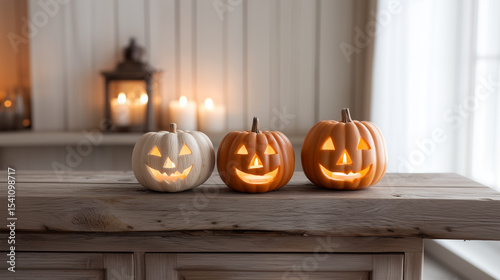 Three glowing jack o lanterns arranged on rustic wooden table with lantern