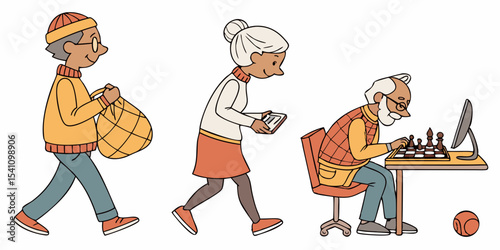 Active seniors lifestyle illustration showing diverse activities and healthy aging concept vector design