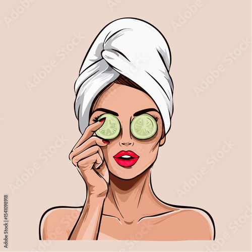 Woman at Spa with Cucumber Slices on Eyes – Relaxing Beauty Treatment Vector Illustration