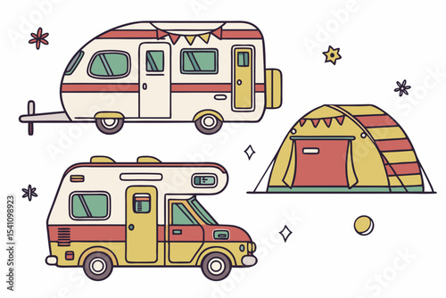Camping adventure illustration with rv camper and tent perfect for outdoor travel and vacation designs and graphics vector design