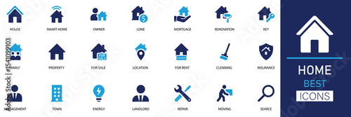 Home icon set. Modern vector icons for property, loan, family, insurance, energy, repair, cleaning and smart home. Perfect for real estate, rent, and housing ads.