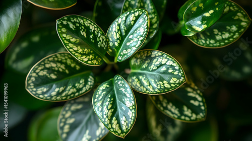 Close-up of a Lush Green Plant with Unique White Speckled Leaf P