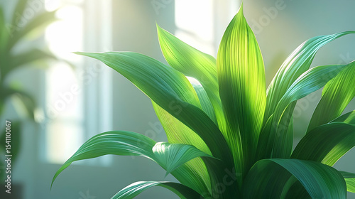 Sunlit Green Leaves of a Houseplant Near a Window, Highlighting