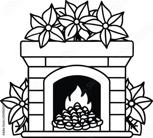 "Holiday Fireplace Silhouette with Poinsettia Flowers, Lit Fire, and Stone Mantel in Festive Christmas Line Art Style"