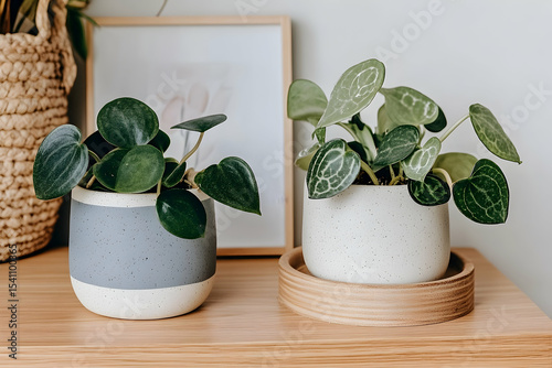 Two potted peperomia plants on a wooden surface with a framed pi