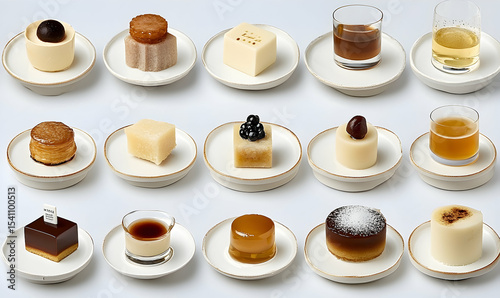 Exquisite Dessert Assortment: Miniature Cakes and Drinks on Whit