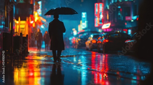 A man walking in the rain with umbrella, night city lights in background, blurred neon lights, cinematic atmosphere, reflective puddles, moody tone.